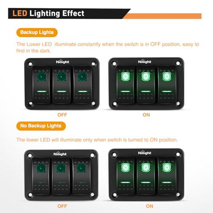 Nilight 3 Gang Rocker Switch Panel SPST On Off 5PIN Electrical Toggle Green - color: Green, size: 3 Gang