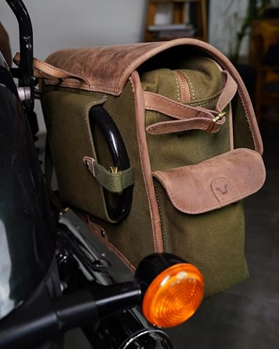 Trip Machine Company Expedition Motorcycle Saddle Bags – 25L Each (50L Pair) 16oz Heavy-Duty Canvas & Leather Panniers, Waterproof Lining with Rain Cover (Left Side, Green) - color: Green, style: Left Side