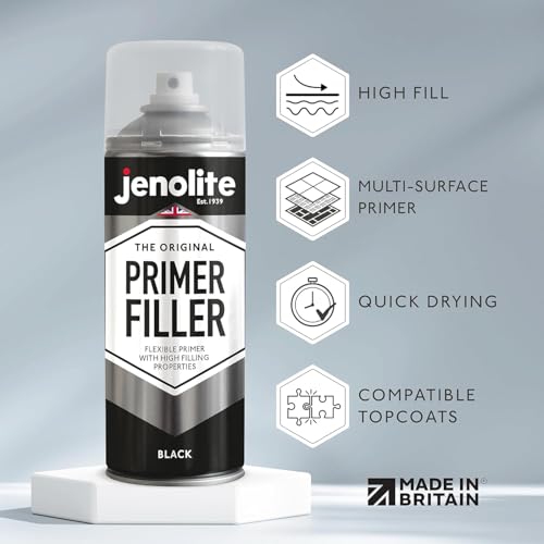 JENOLITE Primer Filler Aerosol Paint | BLACK | Flexible Primer with High Filling Properties | Fills Small Dents & Scratches for Smooth Finish | 400ml (13.5fl oz) - color: Black