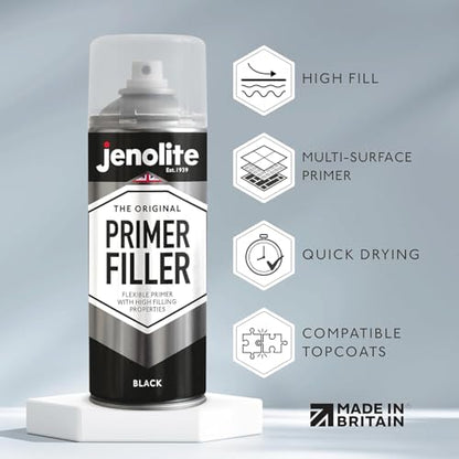 JENOLITE Primer Filler Aerosol Paint | BLACK | Flexible Primer with High Filling Properties | Fills Small Dents & Scratches for Smooth Finish | 400ml (13.5fl oz) - color: Black