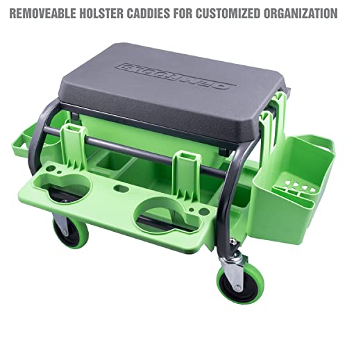OEMTOOLS Sidekick Rolling Mechanic Stool – 5 Tool Trays, Cushioned Seat, 330 lb Capacity (Green)