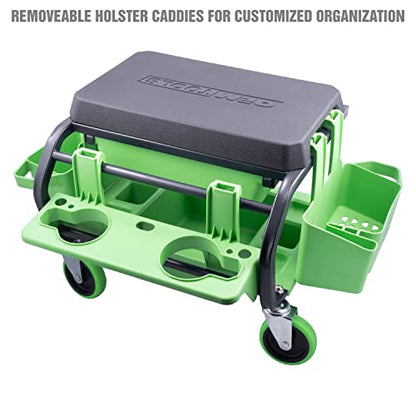 OEMTOOLS Sidekick Rolling Mechanic Stool – 5 Tool Trays, Cushioned Seat, 330 lb Capacity (Green)