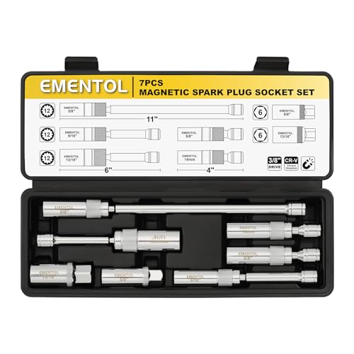 EMENTOL 7PCS 3/8" Drive Spark Plug Socket Set, CR-V, Swivel Magnetic Extension Sockets, Includes 9/16", 5/8", 13/16", 14mm Sockets