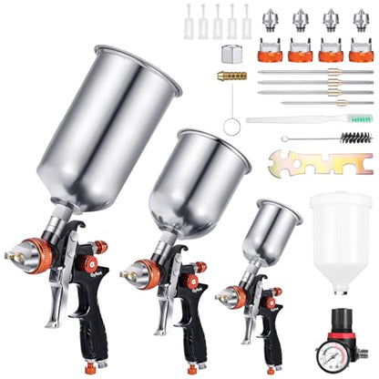 Spray Paint Gun Set, 3 HVLP Air Paint Spray Guns, 4 Nozzles, 4 Cups