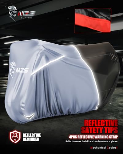 MZS Motorcycle Cover Waterproof Outdoor, Heavy Duty All Season Weather Sun Protection with Storage Bag Vents Night Reflective Cotton Lining Lock Holes fits up to 86" Motorbikes Vehicle Covers - size: Large 86 inches