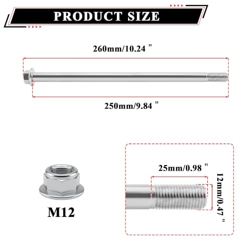 M12 250mm/9.84" Front Rear Wheel Axle Nut Bolt Kit Replacement - size: 250mm/9.84"