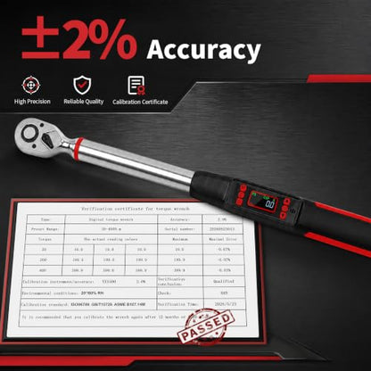 1/2" Digital Torque Wrench Set 6Pcs, 14.7-295Ft-lb(20-400Nm) ±2% Acc, Triple Vib/Beep/LED Alert, 5 Units, Torque Preset, Non-Marring Sockets, Ext Bar, Hard Case, Car Truck RV Tire Suspension Tool