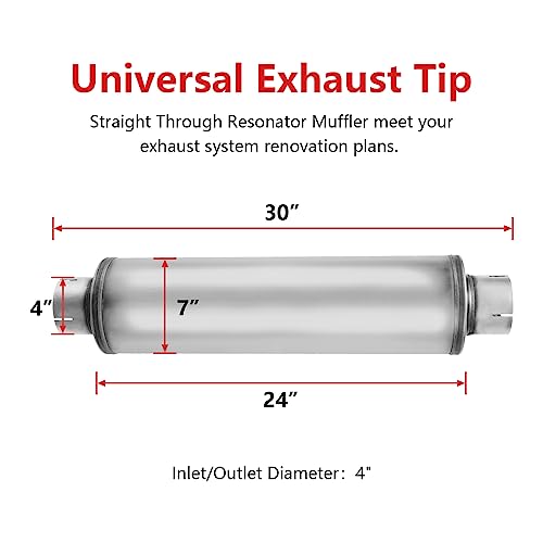 4" Inlet Diesel Exhaust Muffler,4 Inch Inlet/Outlet Resonator Muffler Straight Through Stainless Steel 30" Whole Length XS2772,Welded On Resonator - size: 4in inlet