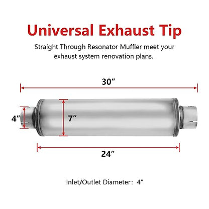 4" Inlet Diesel Exhaust Muffler,4 Inch Inlet/Outlet Resonator Muffler Straight Through Stainless Steel 30" Whole Length XS2772,Welded On Resonator - size: 4in inlet