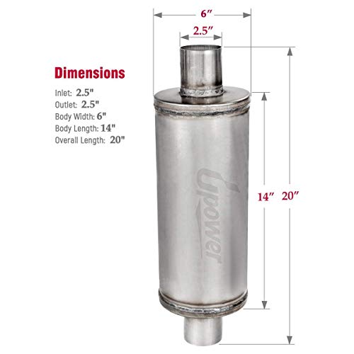 Upower 2.5" Inlet Universal Resonator, 6" x 14" Body 20" Whole Length Diesel Exhaust Muffler - Straight Through Stainless Steel TBM2616 Welded On Resonator Muffler
