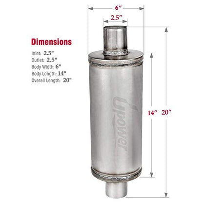 Upower 2.5" Inlet Universal Resonator, 6" x 14" Body 20" Whole Length Diesel Exhaust Muffler - Straight Through Stainless Steel TBM2616 Welded On Resonator Muffler