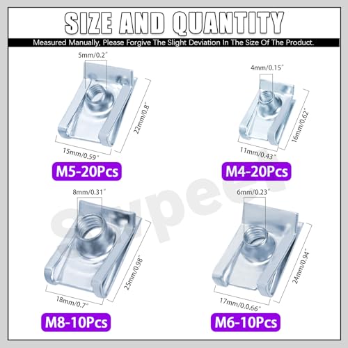 Swpeet 60Pcs M4 M5 M6 M8 Zinc Plated Auto Car U-Clip Assortment Kit, Zinc Plated U-Shaped Nut U Nut, Metal Trim Panel Spring Clip Fasteners for Dash Door Panel Interior Compatible with Most Auto - size: N1
