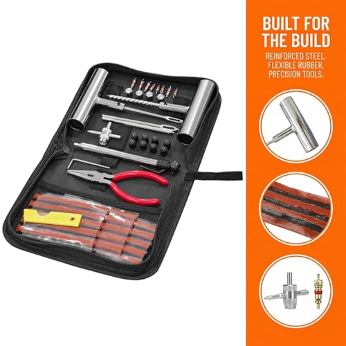 46PCS Car Tire Repair Kits, Heavy Duty Automotive Tire Plug Flats Patch Repair Tools Box Assortment to Fix Punctures, Vehicle Tubeless Patch Repairing Set, Universal Fit - size: 46PCS/Set
