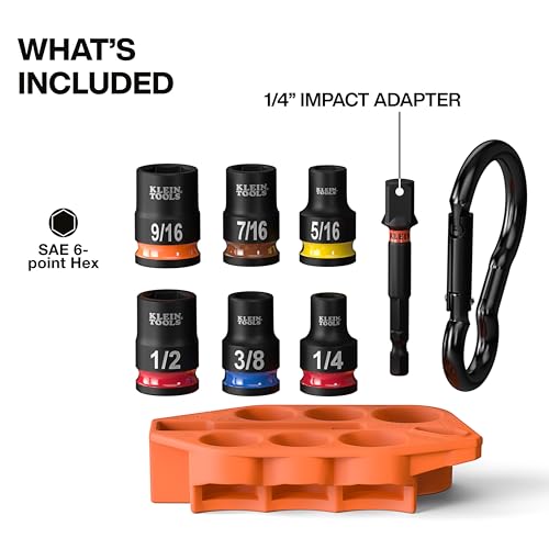 Klein Tools 33808 Grab-And-Go Impact Socket Set, SAE, 7-Piece Set with Sleeve, Carabiner, and 3/8-Inch Drive, Color-Coded 1/4, 5/16, 3/8, 7/16, 1/2, and 9/16-Inch Sockets - style: 7-Piece SAE