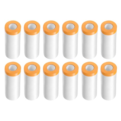 HARFINGTON 12 Rolls Pre-Taped Masking Film 35.4" x65.6ft Tape and Drape Painters Plastic Drop Cloth Film with Tape Plastic Sheeting for Automotive Painting Covering - color: Yellow, size: 35.4"x65.6ft