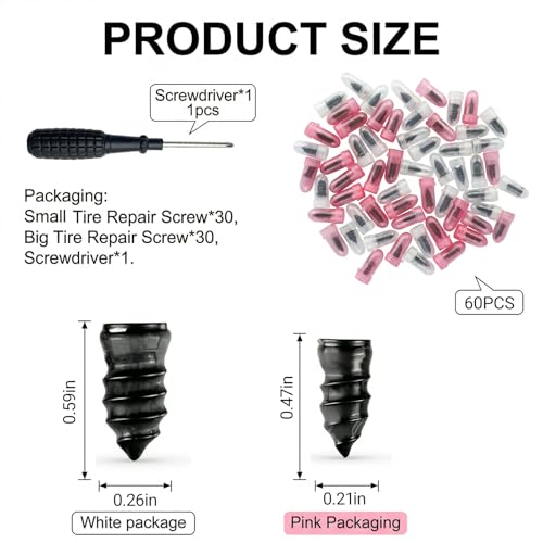 60PCS Tire Repair Screw Plug Kit, 2-Size Screw-in Plugs with Screwdriver, Self-Service Tire RepairPlugs with Screwdriver for Tires Puncture Repair, Rubber Nail Fix for Most Vehicles - size: 60 PCS