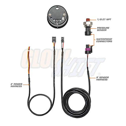 GlowShift 10 Color Digital 100 PSI Fuel Pressure Gauge Kit, 2-1/16" 52mm