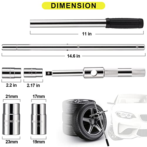 Spurtar Extended 4 Way Lug Wrench, Tire Iron Lug Nut Wrench, Tire Nut Remover Tools 1/2 Drive with 17/19mm and 21/23mm Sockets - size: Extendable