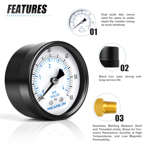 MEANLIN MEASURE 0-60Psi 2" DIAL FACE 1/8" NPT Well Pump Pressure Gauge, with 1/4" NPT and 3/8" NPT Hex Bushing, 3-2-3% Accuracy, Center Back Mount - color: 1/8"NPT Back Mount, size: 0-60Psi