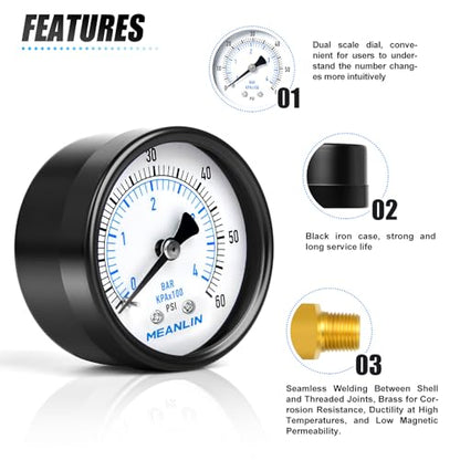 MEANLIN MEASURE 0-60Psi 2" DIAL FACE 1/8" NPT Well Pump Pressure Gauge, with 1/4" NPT and 3/8" NPT Hex Bushing, 3-2-3% Accuracy, Center Back Mount - color: 1/8"NPT Back Mount, size: 0-60Psi