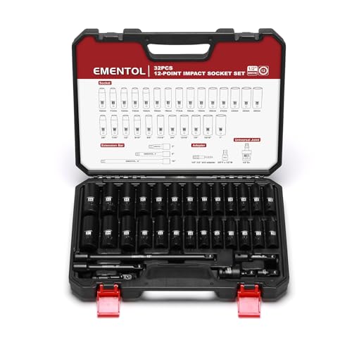 EMENTOL 32PCS 1/2" Drive Socket Set, Deep Impact Sockets, SAE(3/8"-1") and Metric(10-24mm), Including Extension Bars, Universal Joint, Drill&Socket Adapter, 12 Point Design, Cr-V Steel - size: 1/2" Drive (10-25mm), Deep