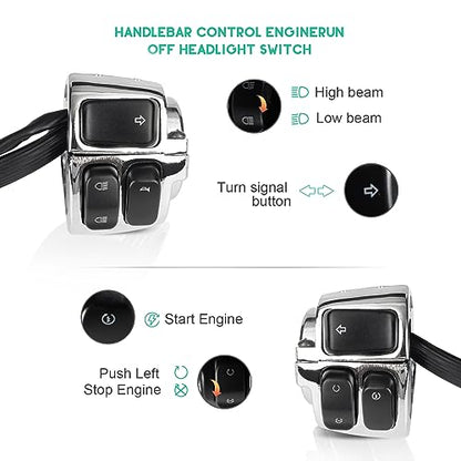 1 Pair Motorcycle 1" Handlebar Switches Control and Wiring Harness with 1996-2012 Harley Softail Dyna Sportster V-Rod（Silver） - color: Silver