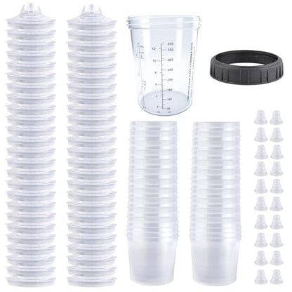 Disposable Paint Spray Gun Cup System for HVLP Paint Spray Paint Gun, Standard 13.5 Ounce (400ml) Kit with 50 Cups and Lids, 1 Hard Paint Mixing Cup with Retainer Ring and 20 Plugs. - color: Dis-400m1-50pcs