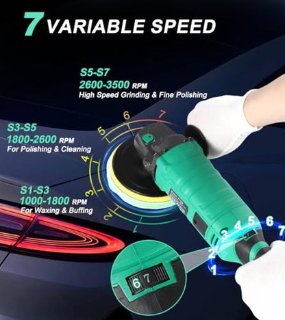 ZOTA Buffer Polisher, 1600W 7 Inch/6 Inch Pure Copper Motor Car Buffers and Polishers Kit, 7 Variable Speeds 1000-3500 RPM Car Polishers and Buffers, Ultra-long Cord for Car Boat Polishing Waxing.
