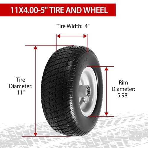 (2-Pack) 11x4.00-5 Flat-Free Lawn Mower Tires and Wheels, 3.4" Centered Hub, 3/4" & 5/8" & 1/2" Bushings, Zero Turn Front Replacement - size: 11x4-5 Flat Free Tire(Silver Rim)