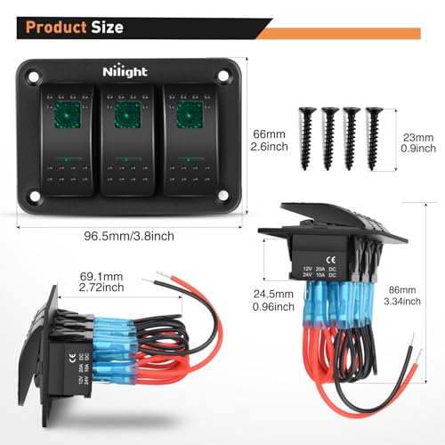 Nilight 3 Gang Rocker Switch Panel SPST On Off 5PIN Electrical Toggle Green - color: Green, size: 3 Gang