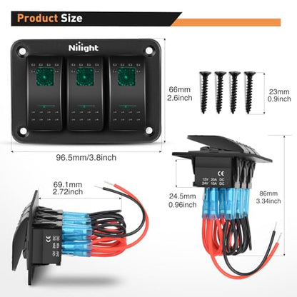 Nilight 3 Gang Rocker Switch Panel SPST On Off 5PIN Electrical Toggle Green - color: Green, size: 3 Gang