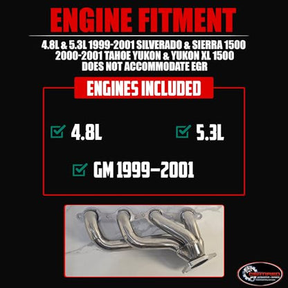 Stainless Steel Shorty Exhaust Headers 1999-2001 Silverado Sierra 1500, 2000-2001 Chevy Tahoe Yukon 4.8L 5.3L 3 Engines