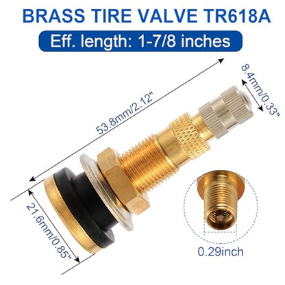 10 Piece TR618A Metal Valve Stems for Agricultural Equipment. Fits 0.618''+0.0157'' Valve Hole Dia, Length 1.99'', Brass Colour - size: TR618A 10pcs