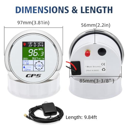 Boat GPS Speedometer Gauge 3-3/8" 85mm Waterpoof for Marine Car - color: White