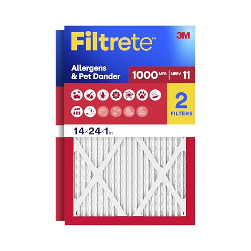 Filtrete 14x24x1 Air Filter, MERV 11, MPR 1000, Allergens & Pet Dander, 3-Month AC and Furnace Filters, Cleaner Air, Reliable Airflow, 2 HVAC Filters (Actual Size 13.68 x 23.68 x 0.81 in) - size: 14x24x1
