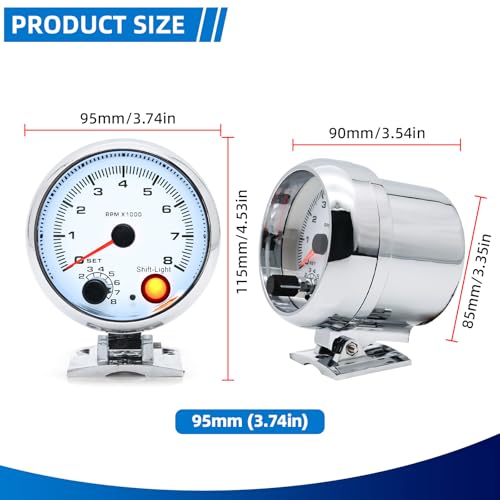 MH 3.75 inch (95mm) Tachometer with Shift Light, 8000 RPM Gauge, 7 Color Backlight Tach AUTO Gauge for 12V Car White Face - color: White