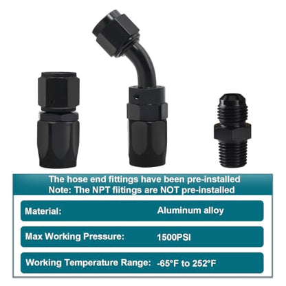 2FT Assembled 6AN Fuel Line Kit CPE with Fittings(0°+45°, 3/8" NPT) - size: 2ft(0°+45°) & 3/8 NPT Fittings