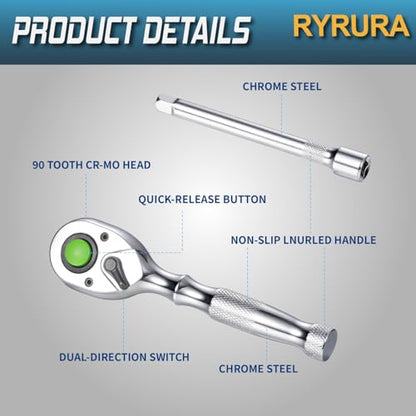 6-Piece Ratchet Set,1/4",3/8",1/2" Drive,Reversible Ratchet Wrench with Extension Bar,90-Tooth,Quick-Release,Chrome Alloy Made,Mens Stocking Stuffers Gifts for Men Gifts for Women - size: 1/4-inch+3/8-inch+1/2-inch Set, style: Combination-metal handle