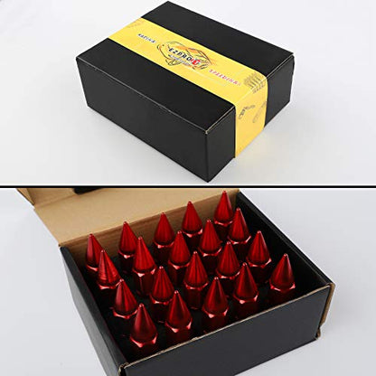 M12X1.5 Spiked Nuts for Rims Aluminum Extended Tuner Lug Nuts 20PCS 60MM (Red) - color: Red