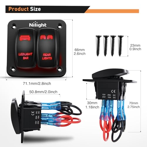 Nilight 2 Gang Rocker Switch Panel SPST On Off Toggle Laser Pattern Red - color: Red, size: 2 Gang