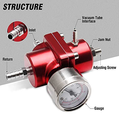 Adjustable Fuel Pressure Regulator With Gauge Hose 0-140 PSI Universal 6AN FPR Kit Aluminum Red - color: red