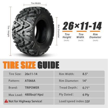 TRIPOWER All Terrain Tires 26x11-14 ATV UTV Trail Sand Mud Off-Road Tire, 6-Ply Tubeless, Set of 2 - size: 26x11-14