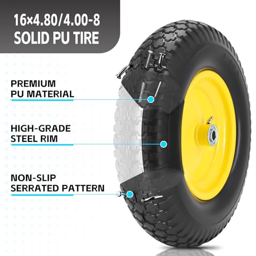 16" 4.80/4.00-8" Flat-Free Solid Wheelbarrow Wheel and Tire, 3"-7"Centered Hub with 5/8"&3/4" Bearings for Wheelbarrows Utility Cart Lawn Dollies - size: 16" 4.80/4.00-8
