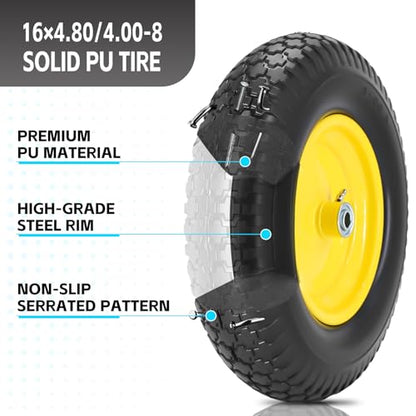 16" 4.80/4.00-8" Flat-Free Solid Wheelbarrow Wheel and Tire, 3"-7"Centered Hub with 5/8"&3/4" Bearings for Wheelbarrows Utility Cart Lawn Dollies - size: 16" 4.80/4.00-8