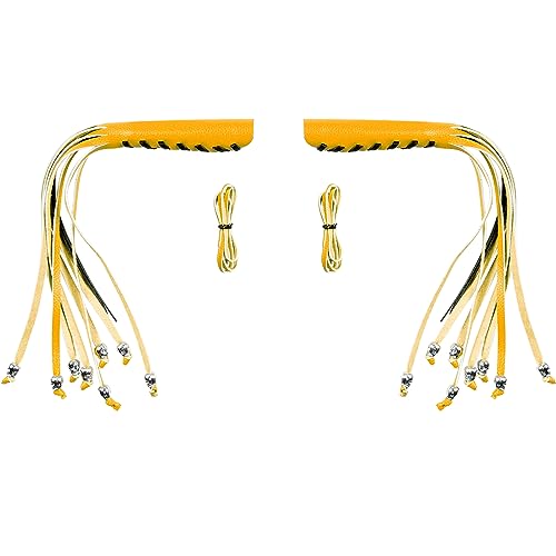 2PCS Faux Leather Motorcycle Lever Covers with Fringes, Motorcycle Brake Clutch Lever Covers Grip Tassels Motorcycle Handlebar Handle Grip Covers, Fringed Leather Lever Covers Wraps with Skulls - color: Yellow & Black Laces*1 & Yellow Laces*1