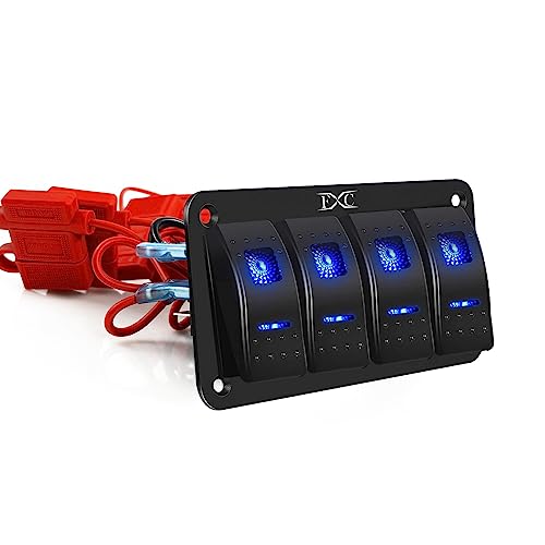 FXC Pre-Wired 4 Gang Rocker Switch Aluminum Panel with 40A Inline Fuse, Waterproof 6-Pin On-Off Car Boat Switch, Blue LED Switch Panel for Marine Boat Automotive RV Truck ATV Vehicles 12V/24V - style: 4 Gang