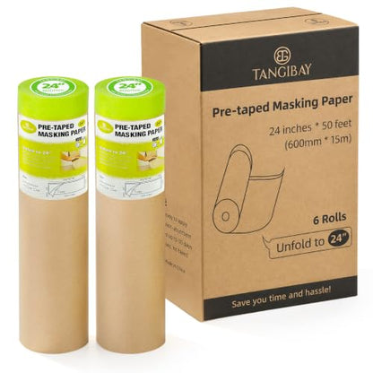 Tangibay Pre-Taped Masking Paper for Painting, 24 inch x 50 feet, 6 Rolls - size: 6 Rolls: 24"
