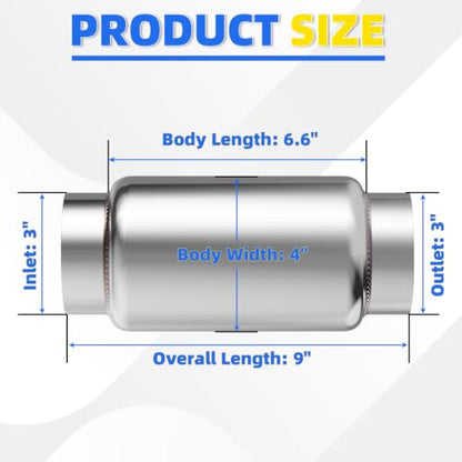 3" Inlet Exhaust Resonator, 3" Inlet/Outlet 9" Overall Length Exhaust Resonator Muffler, Straight Through Stainless Steel Muffler - size: 3" Inlet 9" Overall Length