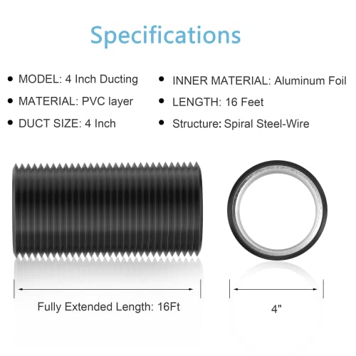 Hon&Guan Dryer Vent Hose, 4'' Flexible Duct 16FT with 2 Duct Clamps, Heavy-Duty Three Layer Protection, Black PVC, for HVAC Ventilation, Duct Fan Systems - size: 4 x 16 FT