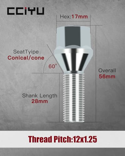 cciyu M12x1.25 Lug Nuts 20Pcs Wheel Lug Bolts 12x1.25 Shank 28mm Hex 17mm Chrome Lug Nuts Set fit for Jeep for Cherokee for Renegade for Compass for Dodge for Dart for Chrysler 200 for Fiat 500X